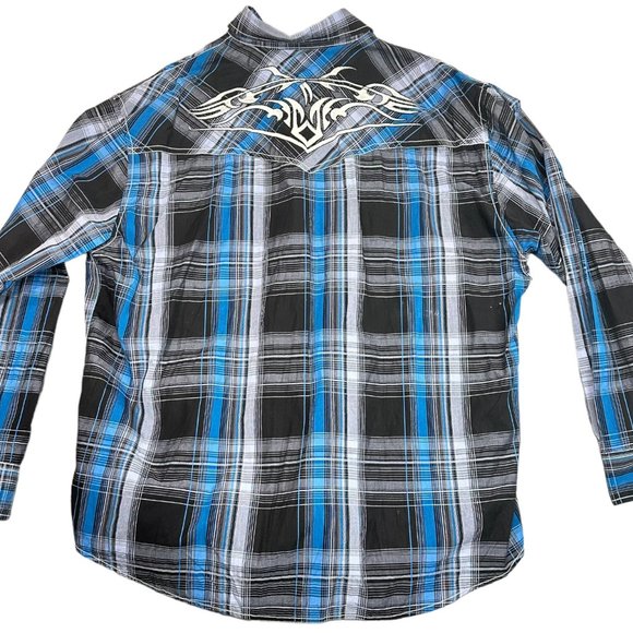 Rafter C Cowboy Collection Western Blue Black Plaid Pearl Snap Button Up XXL - Picture 2 of 7